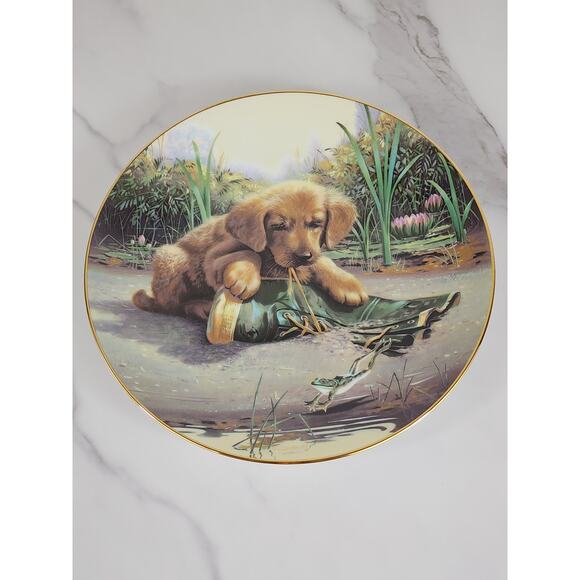 Catch Of The Day Puppy Playtime Dog Year 1987 Porcelain 8 1/2" Plate Wall Decor - Picture 8 of 12